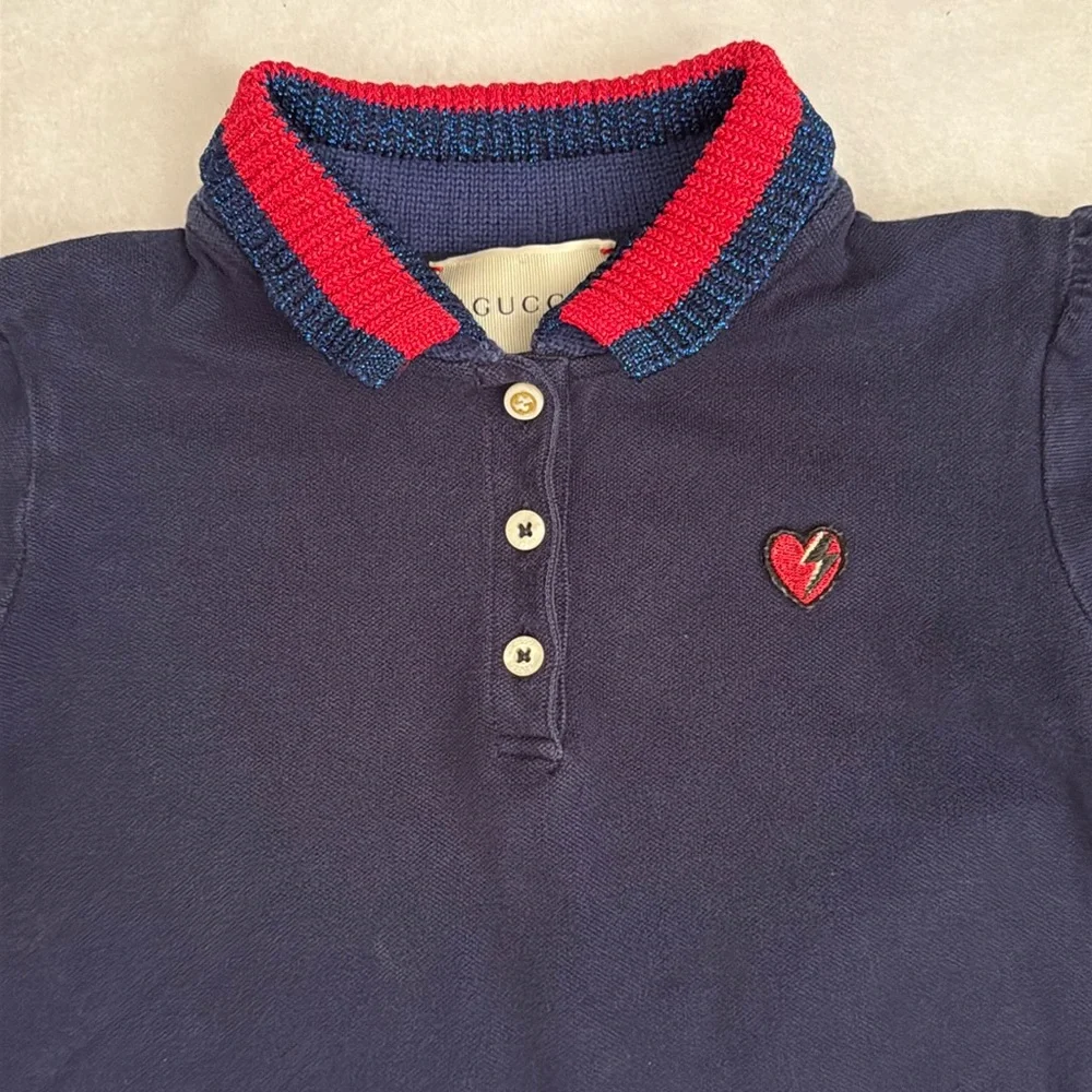 Gucci | Heart Patch Stripe Knit Collar Short Sleeve Pique Polo Dress Navy Blue 8 - Picture 3 of 16